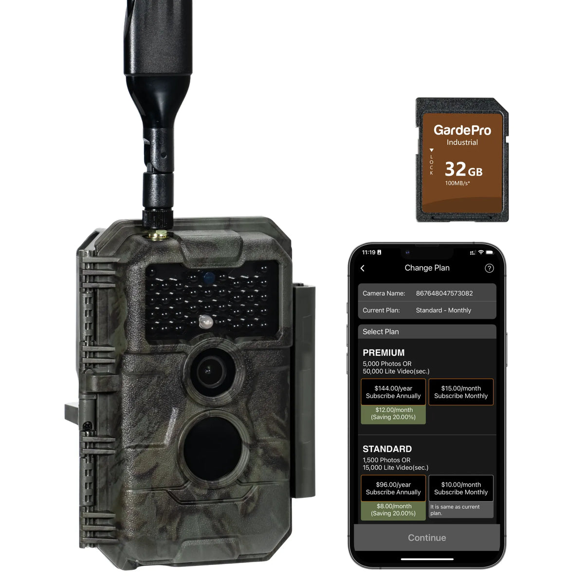 GardePro X20 cellular trail camera bundle with a 32GB industrial SD card, showing the app interface for data plan management