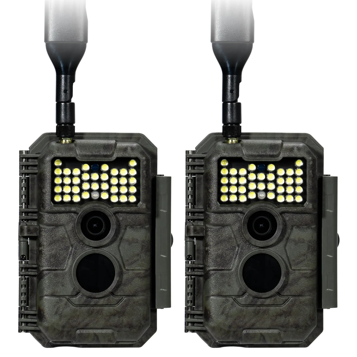 2-Pack GardePro X20WF cellular trail cameras with white flash LEDs for color night vision.