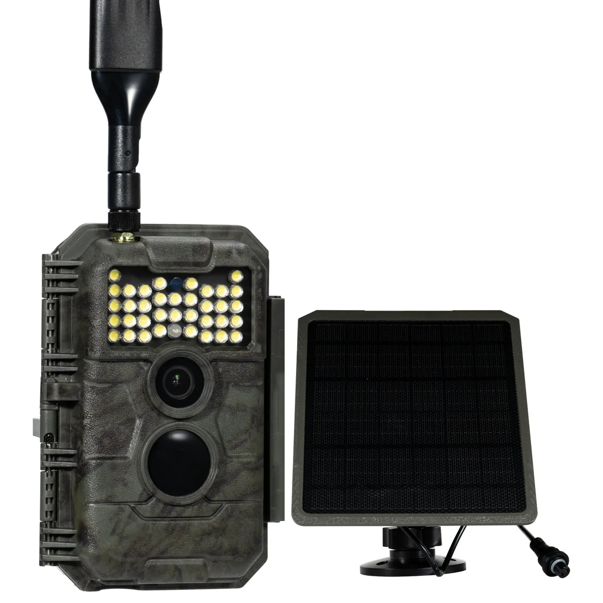 GardePro X20WF cellular trail camera with white flash LEDs and external solar panel.