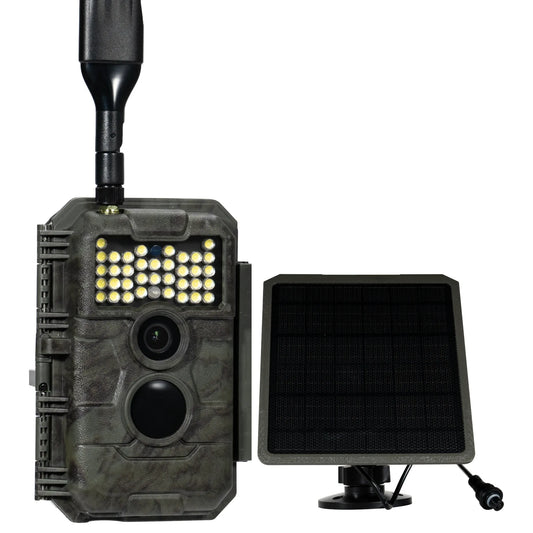 GardePro X20WF cellular trail camera with white flash LEDs and external solar panel.