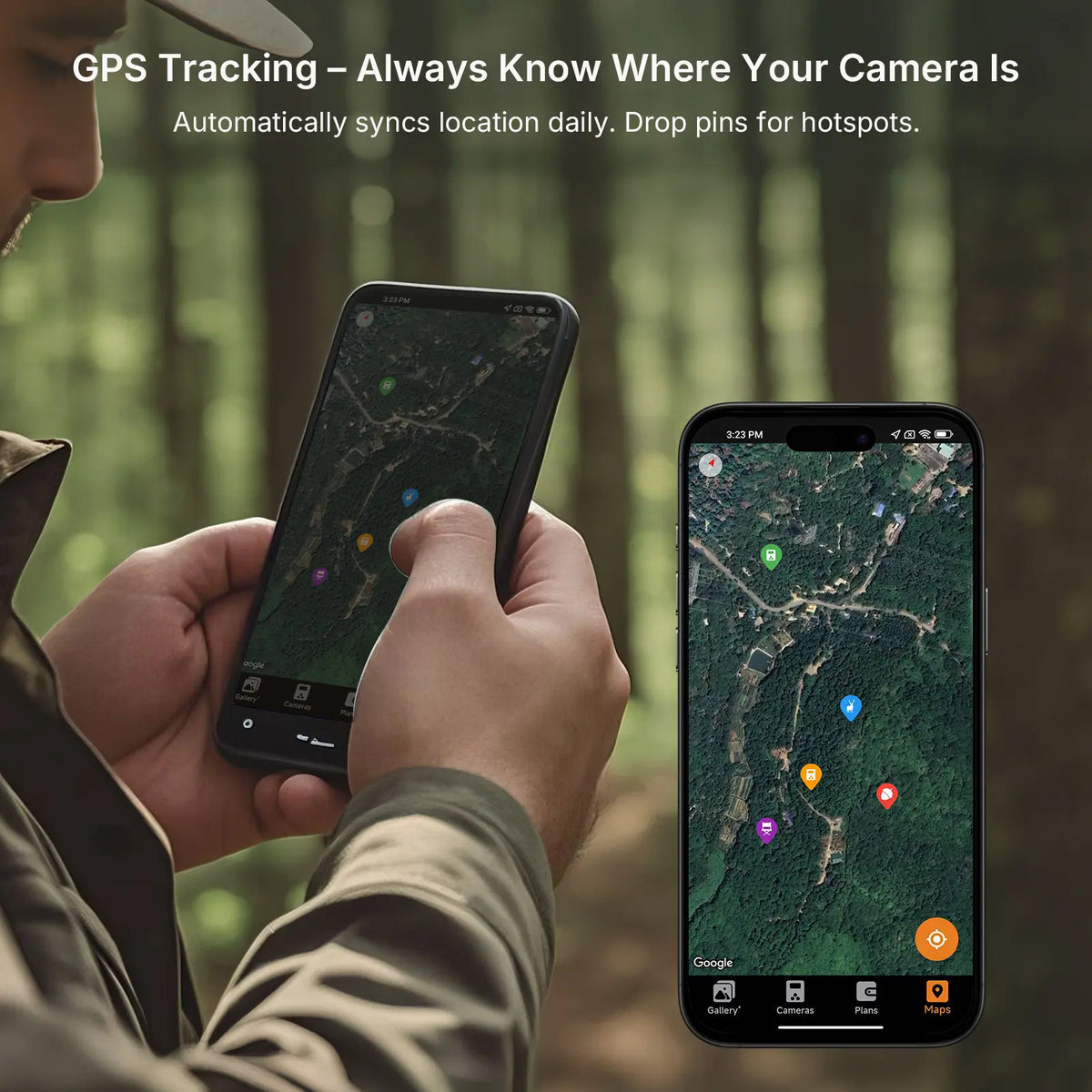 GardePro X66 cellular trail camera GPS tracking shown on smartphone app with map pins for camera location.