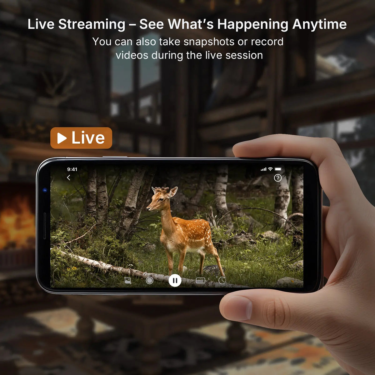 Live stream footage of a deer viewed on a smartphone via the GardePro X66 cellular trail camera, showing real-time wildlife monitoring indoors.