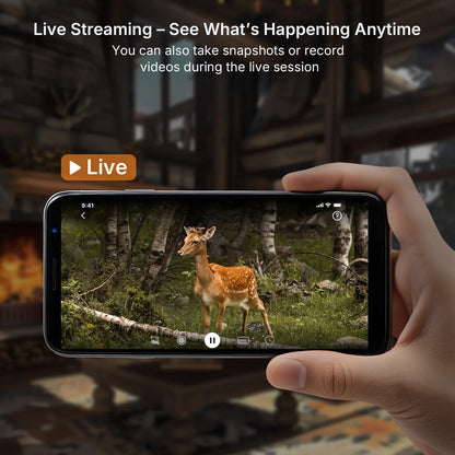 Live stream footage of a deer viewed on a smartphone via the GardePro X66 cellular trail camera, showing real-time wildlife monitoring indoors.