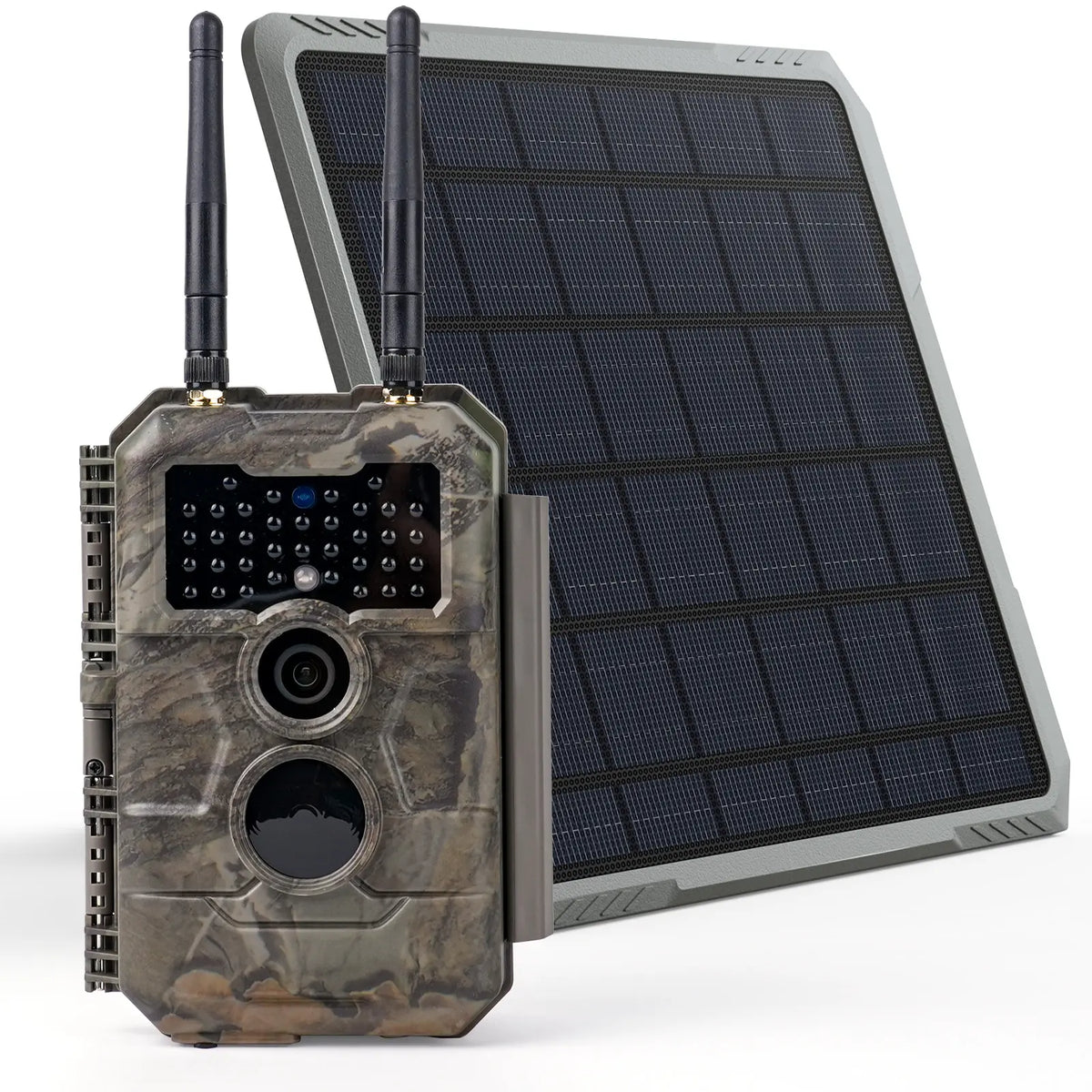 GardePro E6+ WiFi trail camera kit paired with an external solar panel for continuous power.