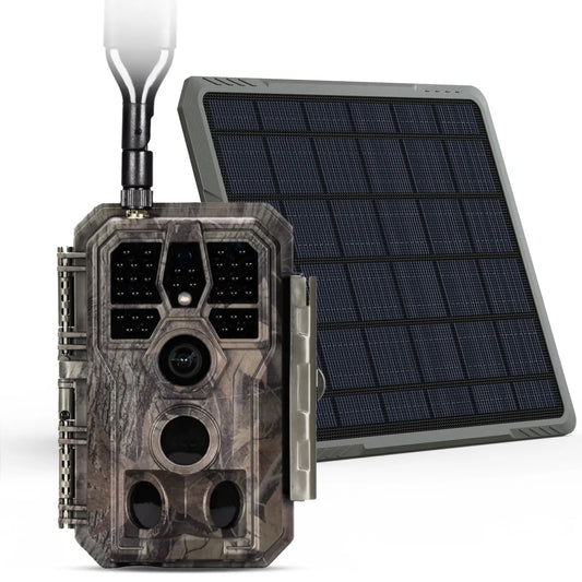 GardePro X50S cellular trail camera paired with a solar panel for continuous outdoor power