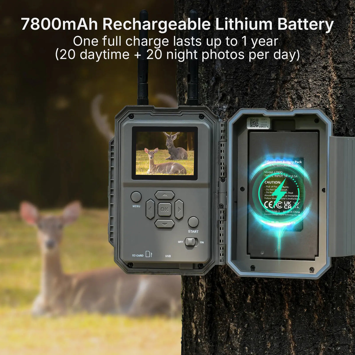 GardePro E6 2.0 Pro WiFi trail camera with its 7800mAh rechargeable lithium battery, offering up to 1 year of use on a single charge