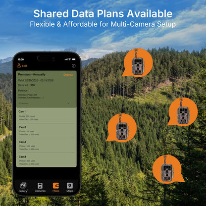 GardePro X50S cellular trail camera app interface, demonstrating shared data plans for multi-camera setups