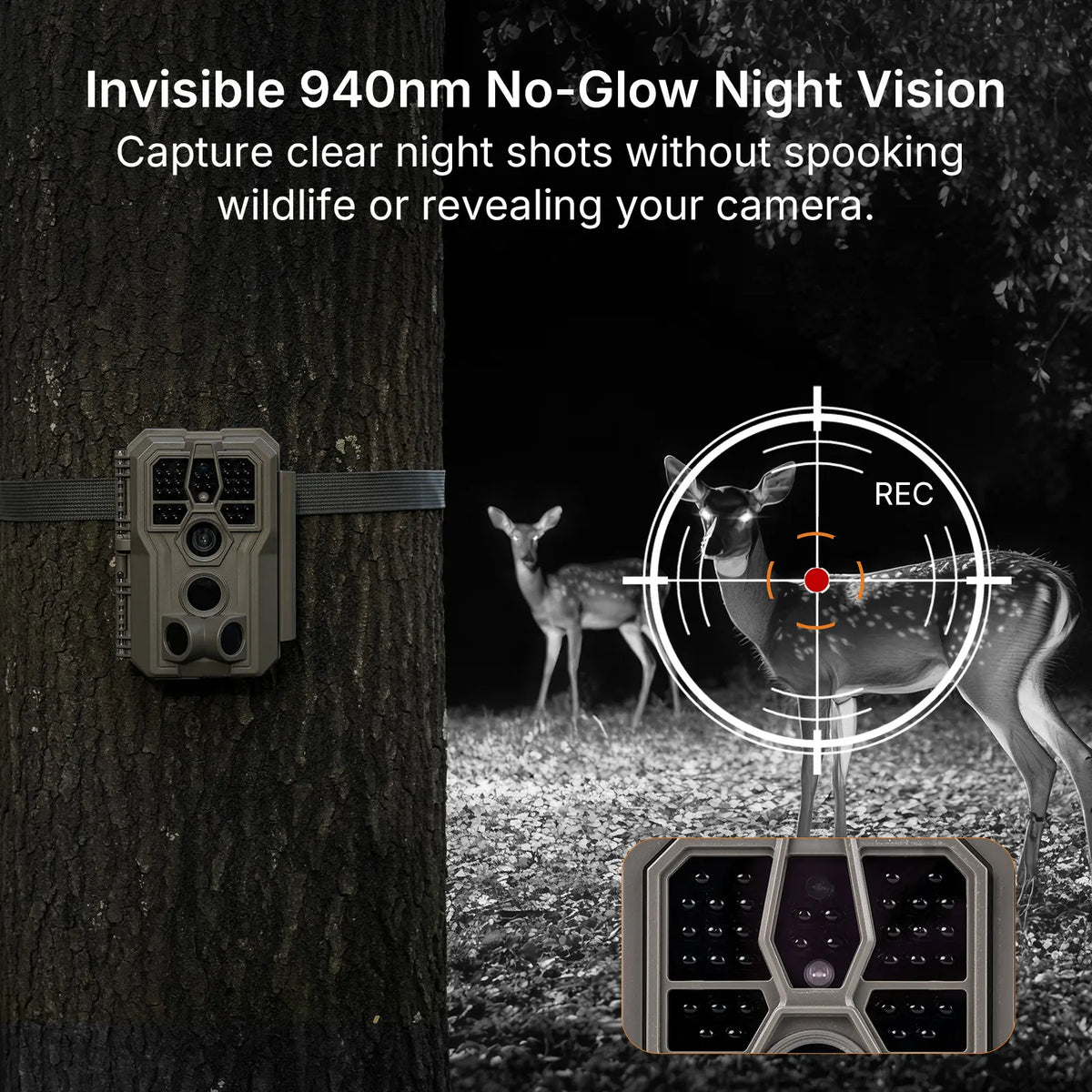 Invisible 940nm no-glow night vision of a GardePro E5 2.0 trail camera capturing deer in darkness without spooking wildlife