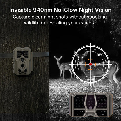 Invisible 940nm no-glow night vision of a GardePro E5 2.0 trail camera capturing deer in darkness without spooking wildlife