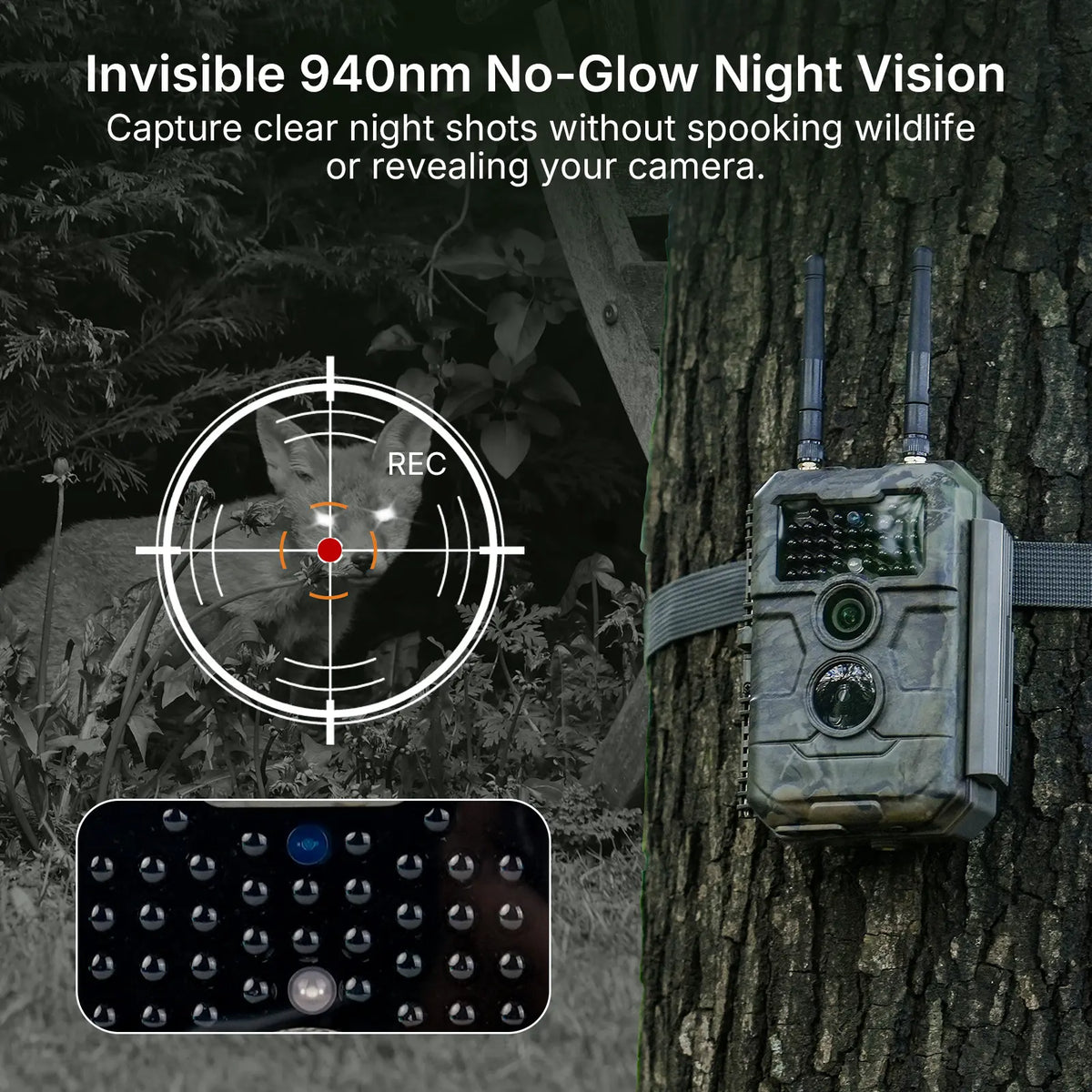 GardePro E6+ trail camera on a tree featuring invisible 940nm no-glow night vision for stealthy wildlife monitoring.