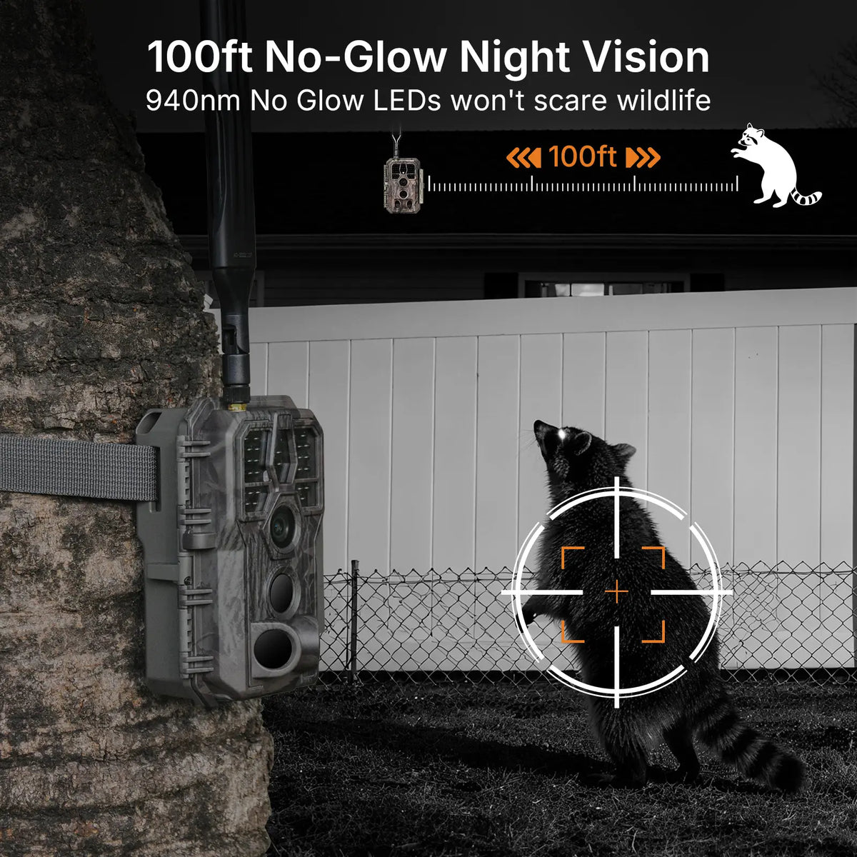 GardePro X50S cellular trail camera capturing a raccoon with 100ft no-glow 940nm night vision