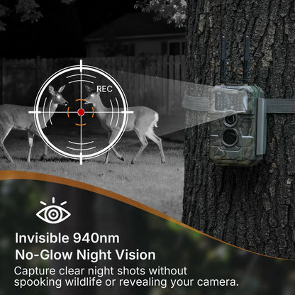 GardePro E6 2.0 Pro WiFi trail camera featuring invisible 940nm no-glow night vision, capturing deer at night without spooking wildlife