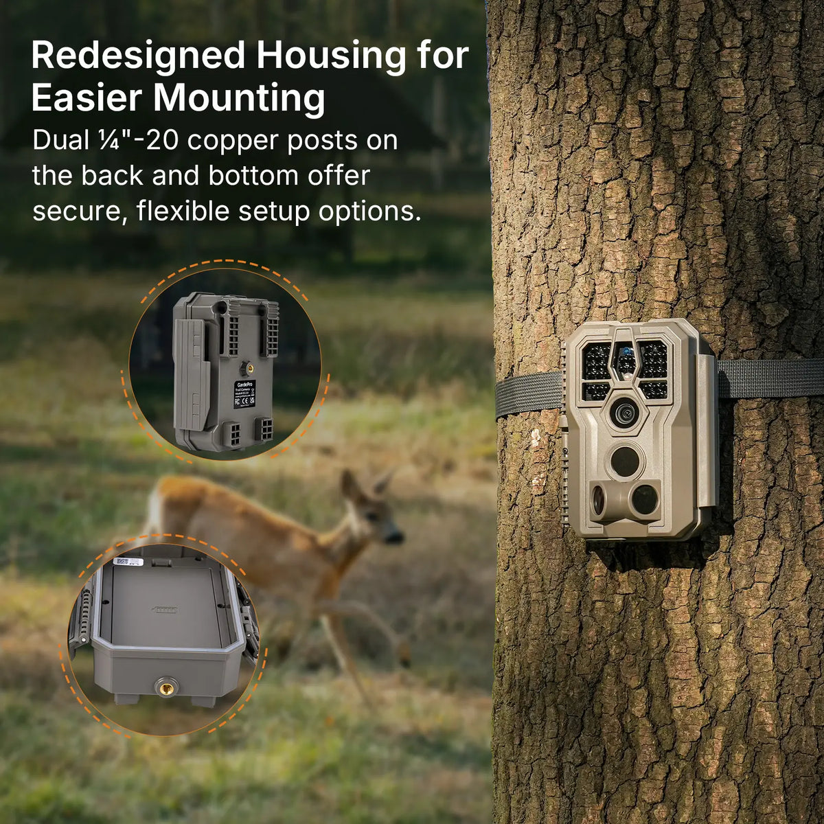 Redesigned housing of GardePro E5 2.0 non-cellular trail camera, showing flexible mounting options on a tree