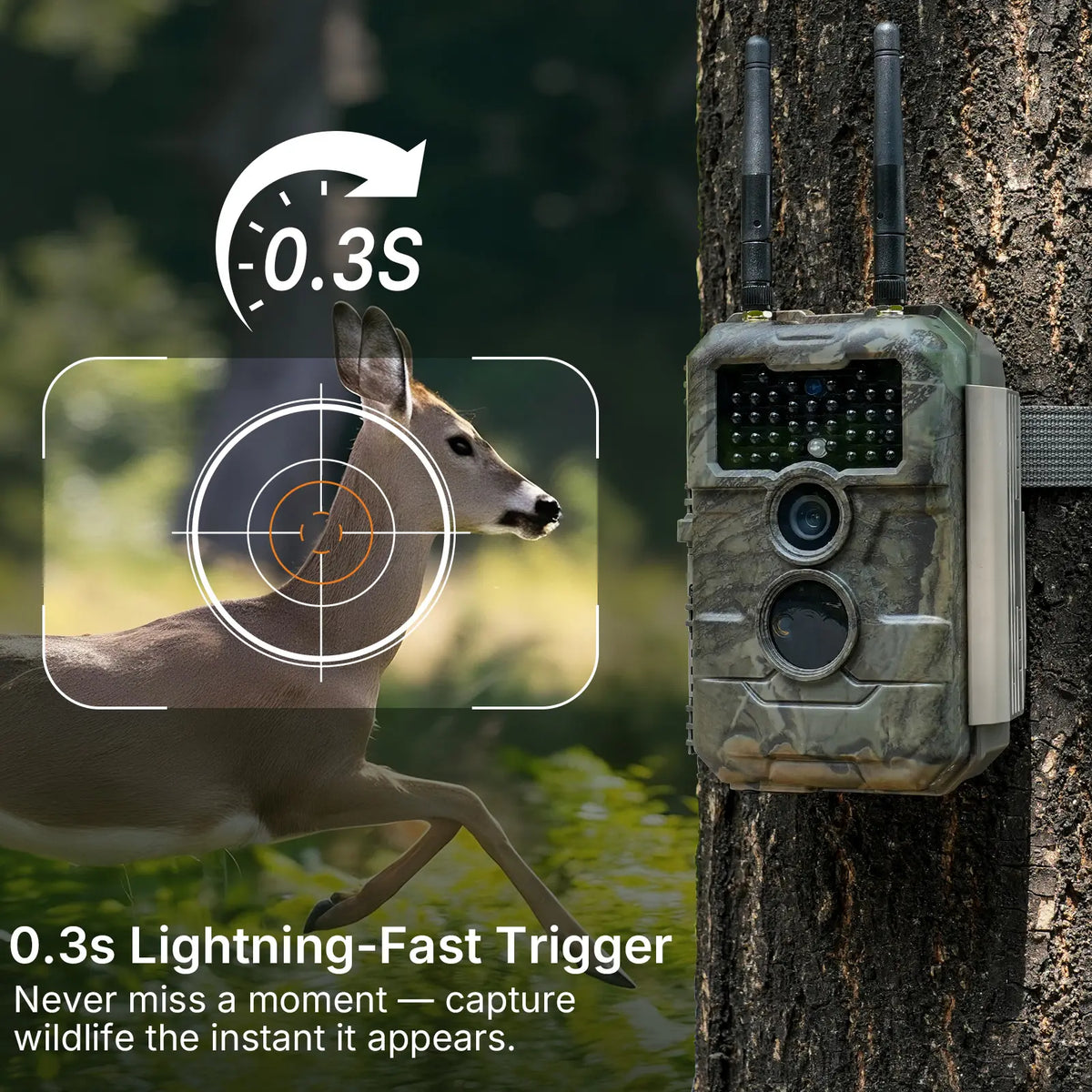 GardePro E6+ trail camera utilizing 0.3s blazing-fast trigger to capture a running deer.