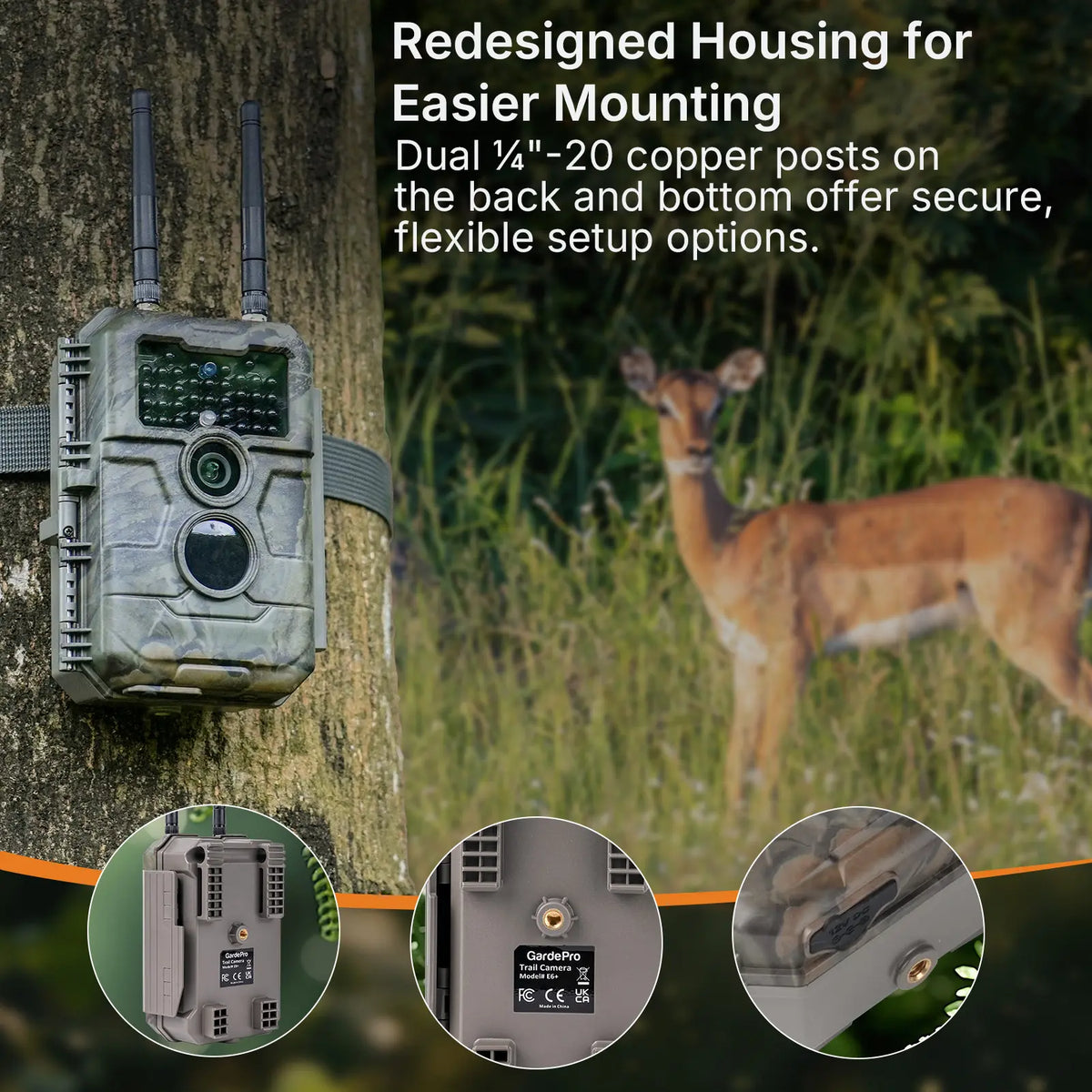 Redesigned housing of GardePro E6 2.0 Pro WiFi trail camera, highlighting secure, flexible mounting options on a tree