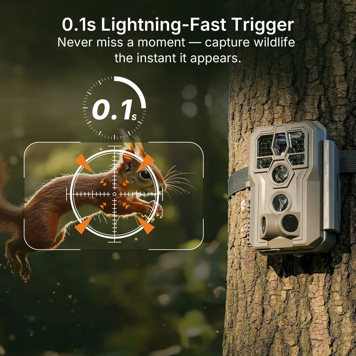 GardePro E5 2.0 non-cellular trail camera demonstrating its 0.1s lightning-fast trigger speed, capturing a squirrel in mid-action