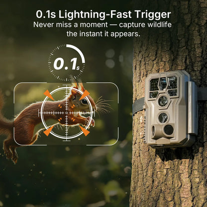 GardePro E5 2.0 non-cellular trail camera demonstrating its 0.1s lightning-fast trigger speed, capturing a squirrel in mid-action