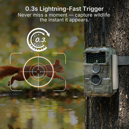 GardePro E6 2.0 Pro WiFi trail camera showcasing its 0.3s lightning-fast trigger speed, capturing a squirrel mid-action
