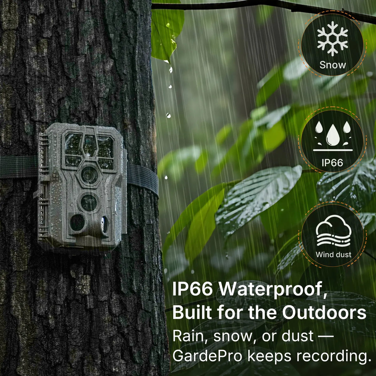 GardePro E5 2.0 non-cellular trail camera mounted on a tree, showcasing its IP66 waterproof design in rainy weather