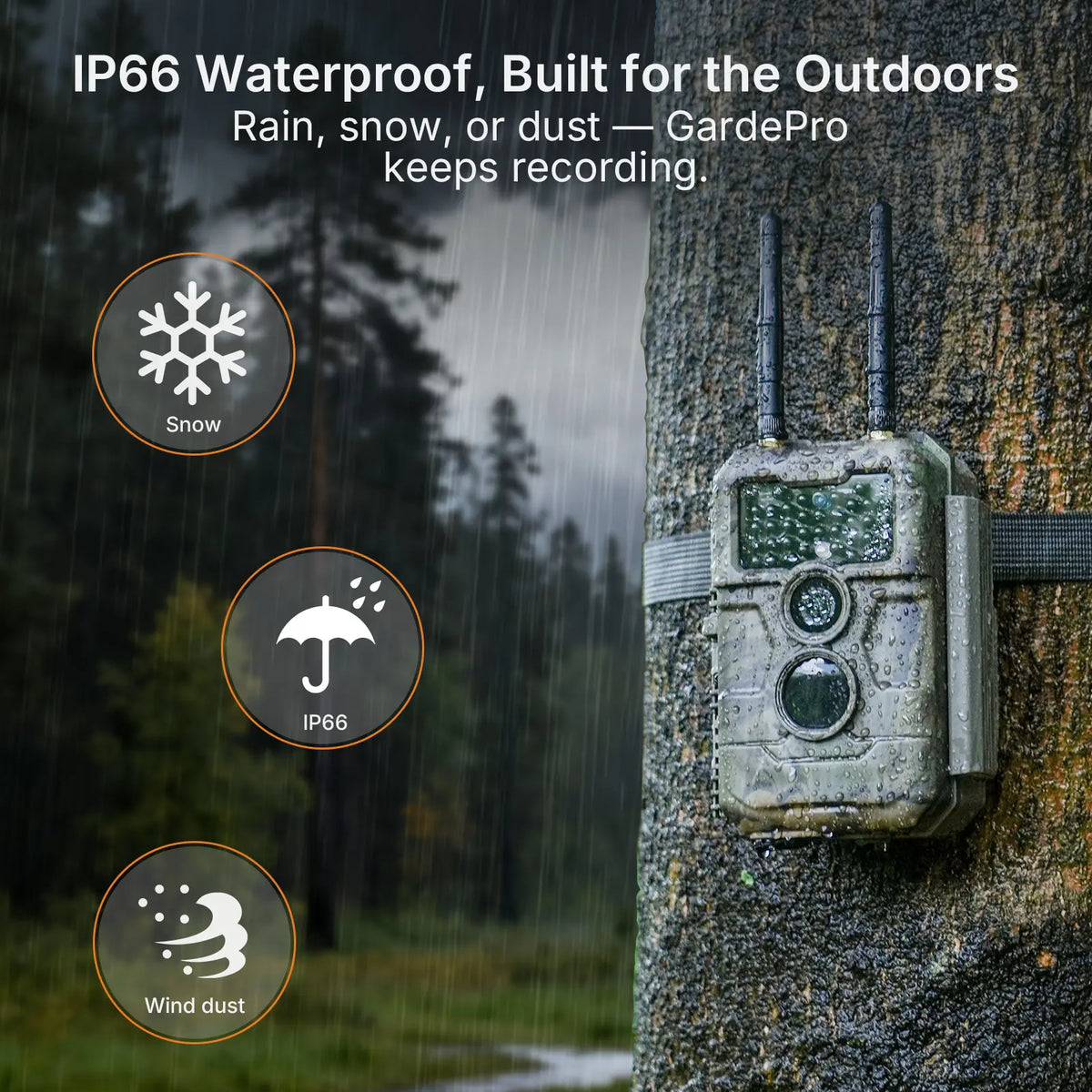 GardePro E6 2.0 Pro WiFi trail camera demonstrating its IP66 waterproof and weather-resistant design in rainy outdoor conditions