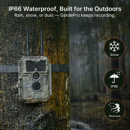 GardePro E6+ trail camera displaying IP66 waterproof and dustproof durability in rainy outdoor conditions.