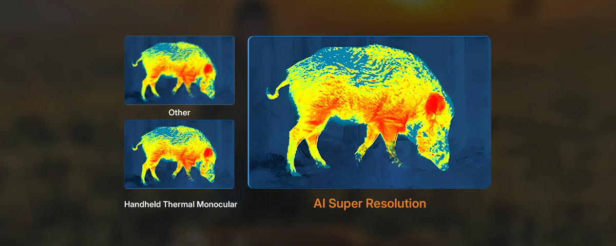 GardePro M21 thermal monocular demonstrating AI Super Resolution technology, delivering sharper thermal images of a wild boar compared to other devices