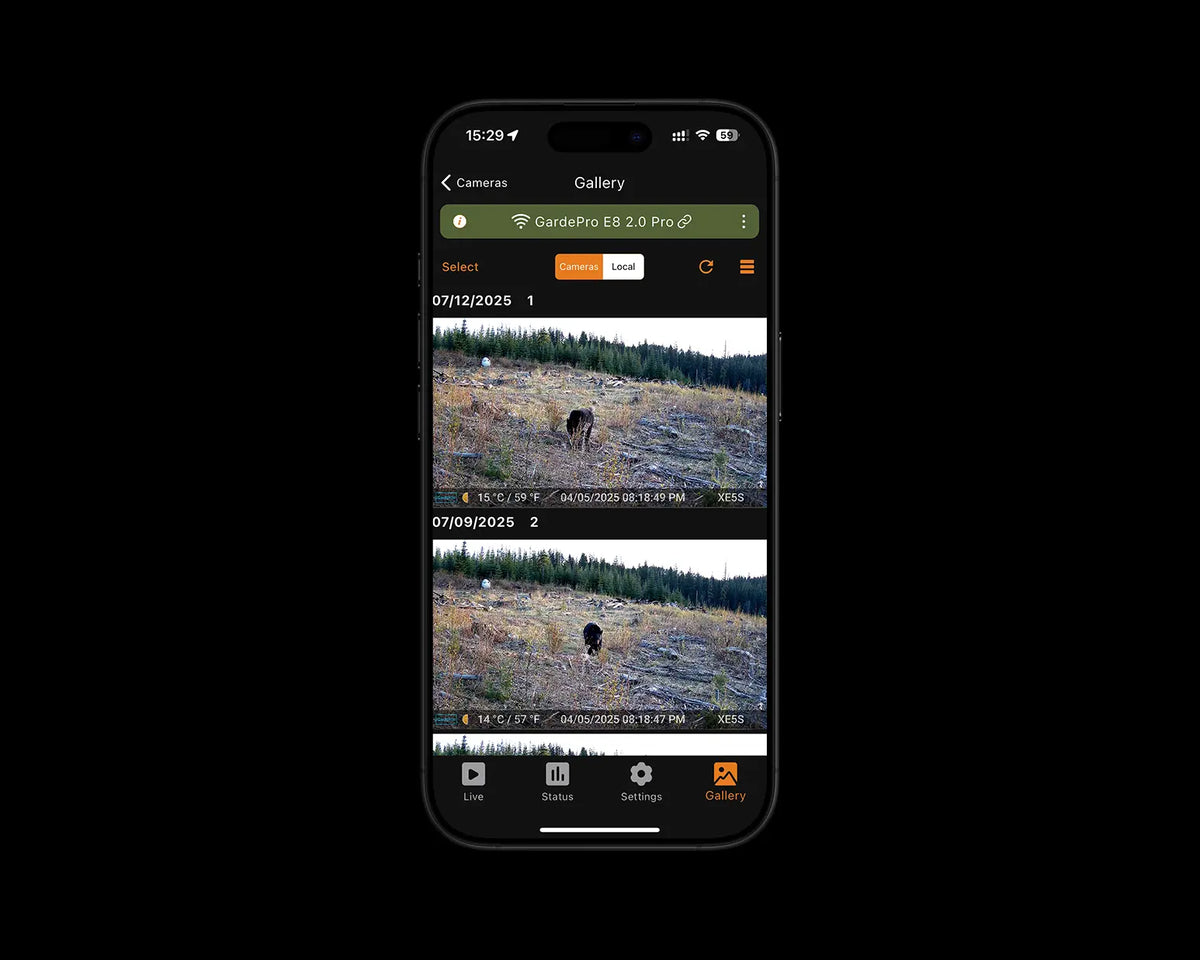 GardePro app gallery displaying wildlife photos captured by the E8 2.0 Pro trail camera