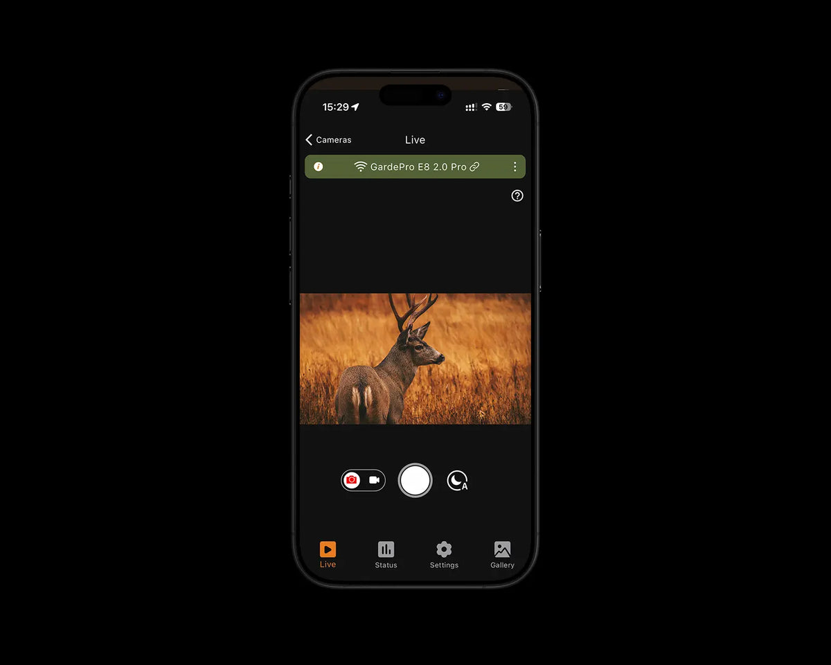 GardePro app displaying live view from an E8 2.0 Pro trail camera, showing a whitetail buck in a field