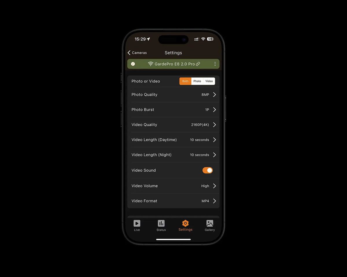 GardePro app settings interface for the E8 2.0 Pro trail camera, featuring 4K video recording and quality controls