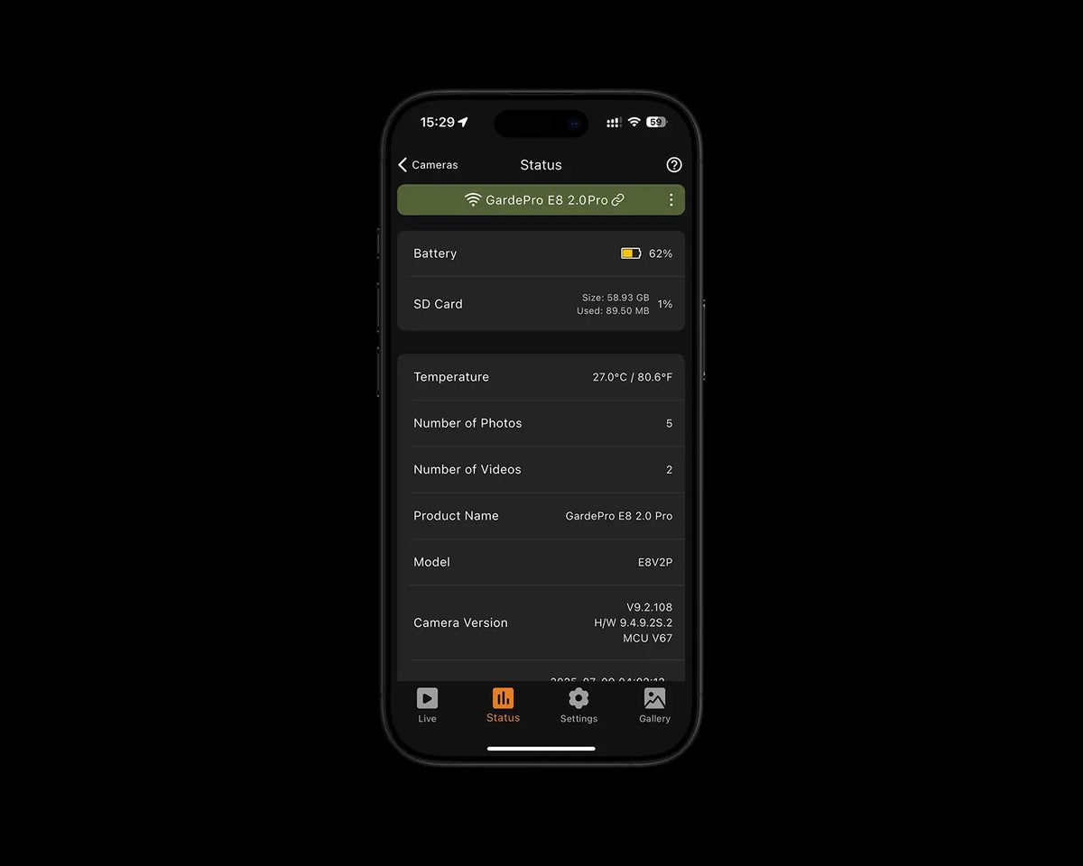GardePro app status dashboard for the E8 2.0 Pro trail camera, showing battery level, storage usage, and device info