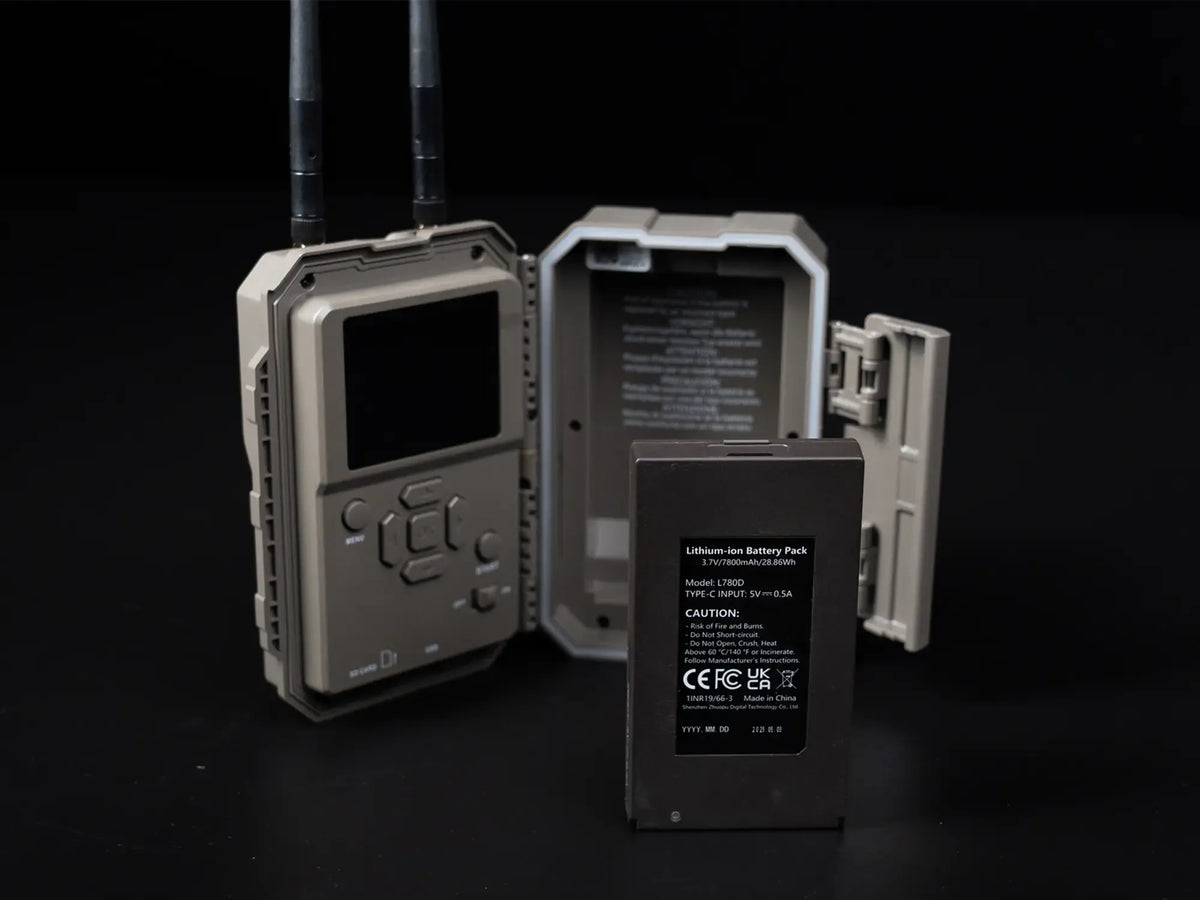 GardePro E8 2.0 Pro Wi-Fi trail camera with its 7800mAh rechargeable lithium-ion battery, highlighting long-lasting power