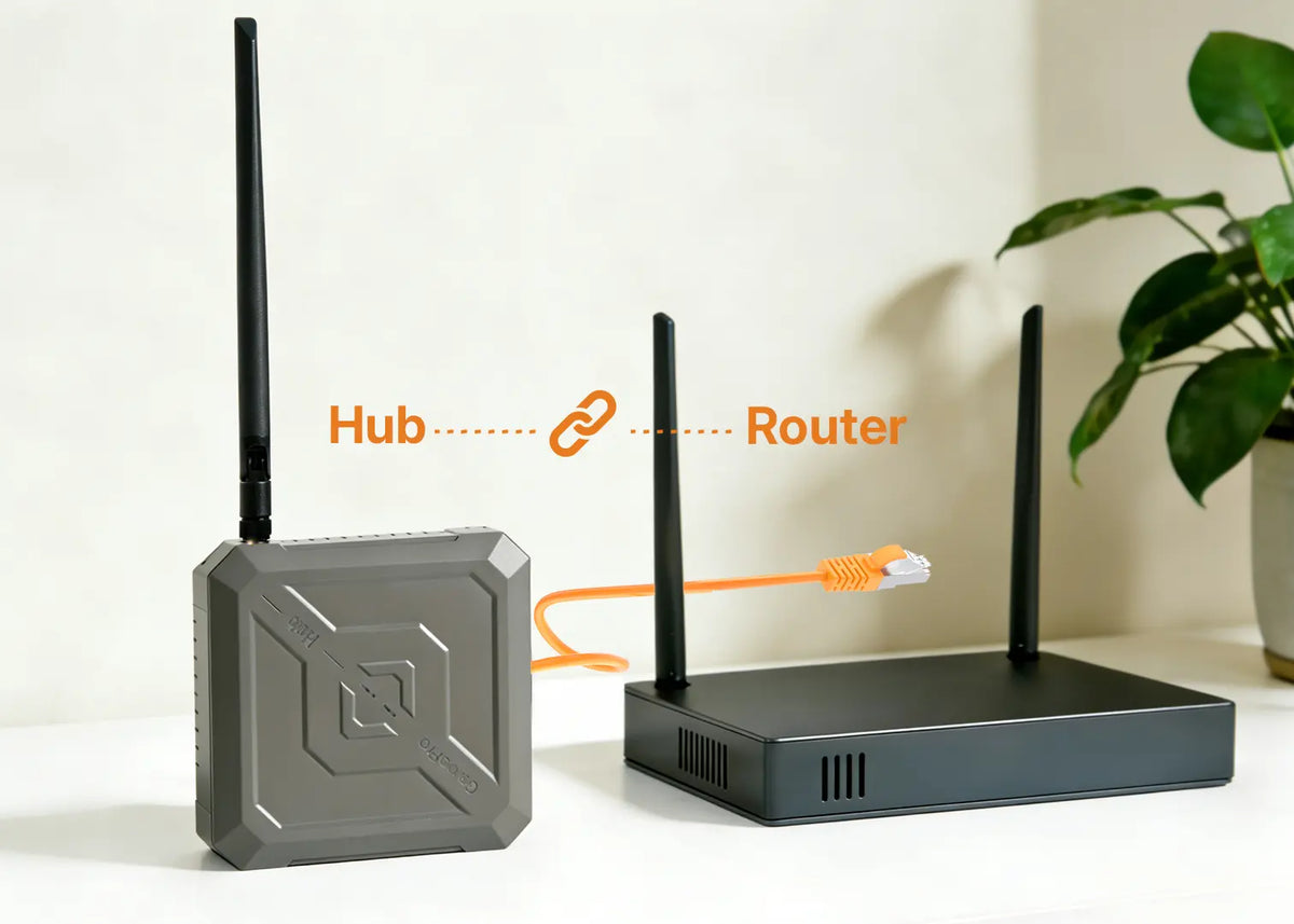 GardePro R3 Pro long-range wireless trail camera hub connected to a home router, enabling extended network connectivity for trail camera systems