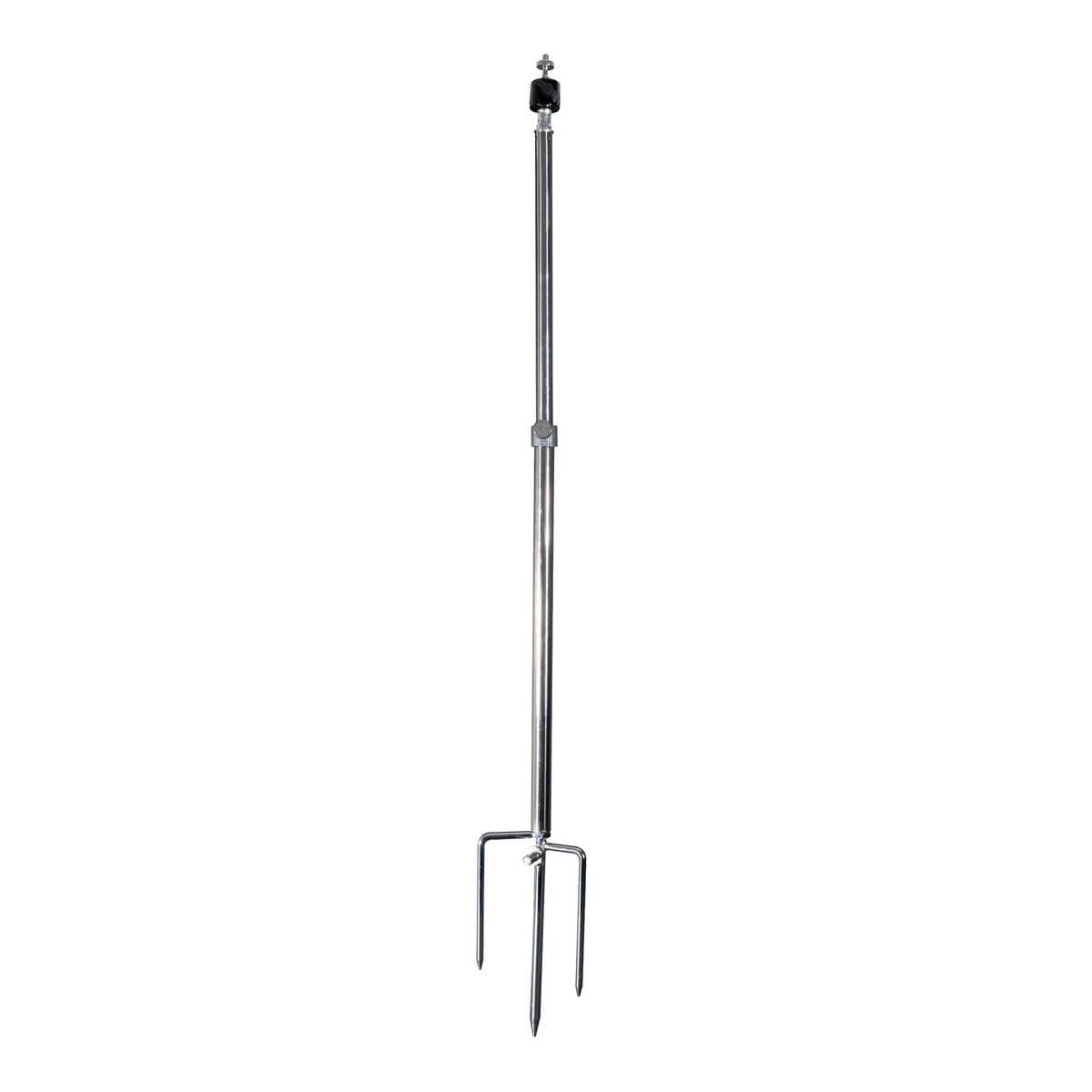 A silver-colored metal ground stake mount for trail cameras with a pointed end for insertion into the ground and a top mount for attaching a camera.