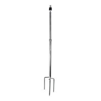 A silver-colored metal ground stake mount for trail cameras with a pointed end for insertion into the ground and a top mount for attaching a camera.