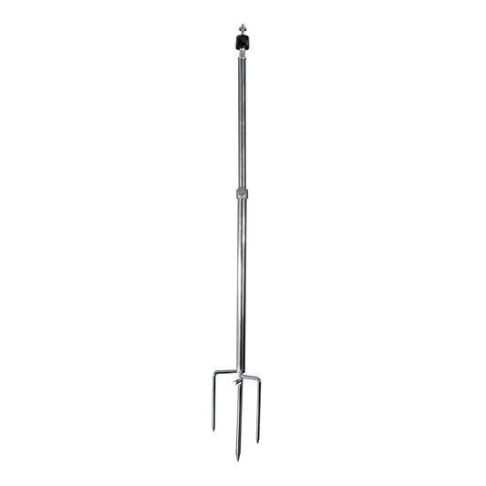 A silver-colored metal ground stake mount for trail cameras with a pointed end for insertion into the ground and a top mount for attaching a camera.