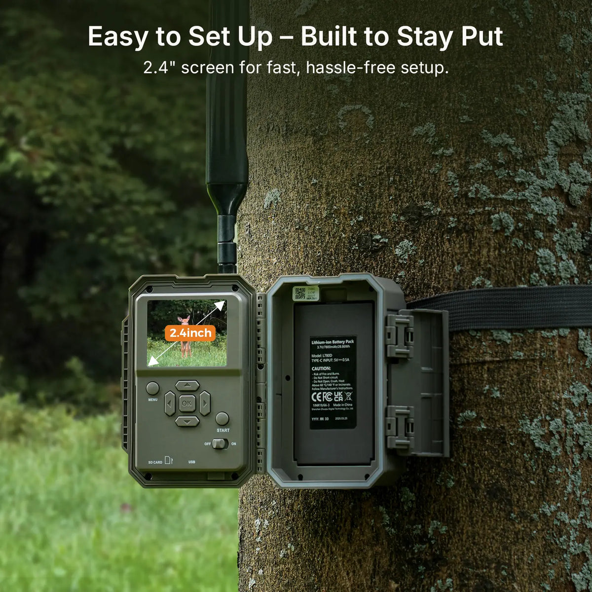 GardePro X66 cellular trail camera mounted on a tree, featuring a 2.4-inch screen for fast setup and instant image review in the field.
