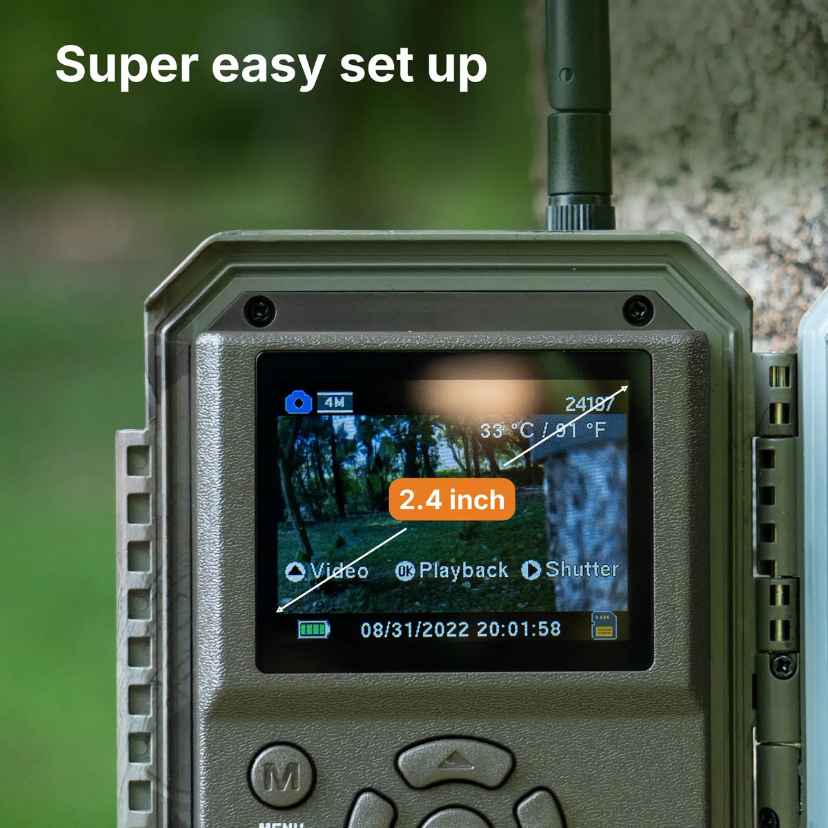 GardePro E7 WiFi trail camera with 2.4-inch screen displaying menu options for easy setup, video playback, and shutter control.