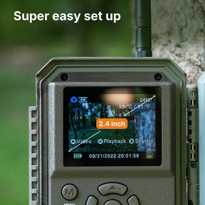 GardePro E7 WiFi trail camera with 2.4-inch screen displaying menu options for easy setup, video playback, and shutter control.