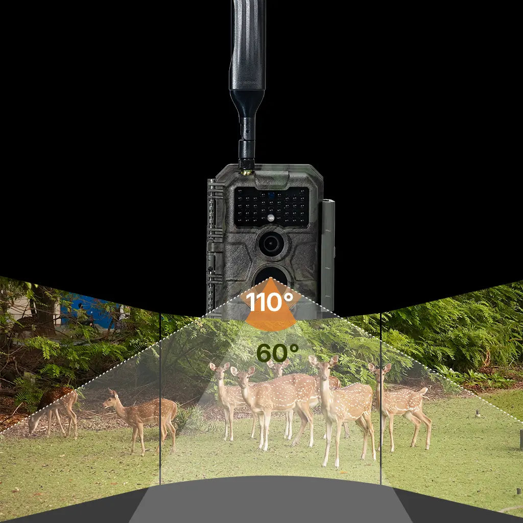 GardePro X20 cellular trail camera showcasing its 110° wide-angle detection range, monitoring a herd of deer in a grassy area