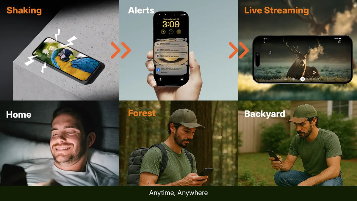 GardePro trail camera live stream process: phone alerts and real-time wildlife video streaming at home, in the forest, or in the backyard