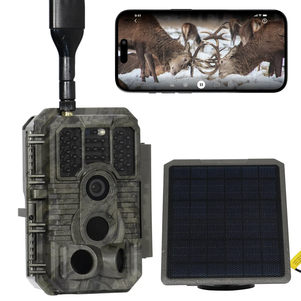 GardePro X60P Live Max Wi-Fi trail camera bundle with solar panel and built-in 32GB SD card.