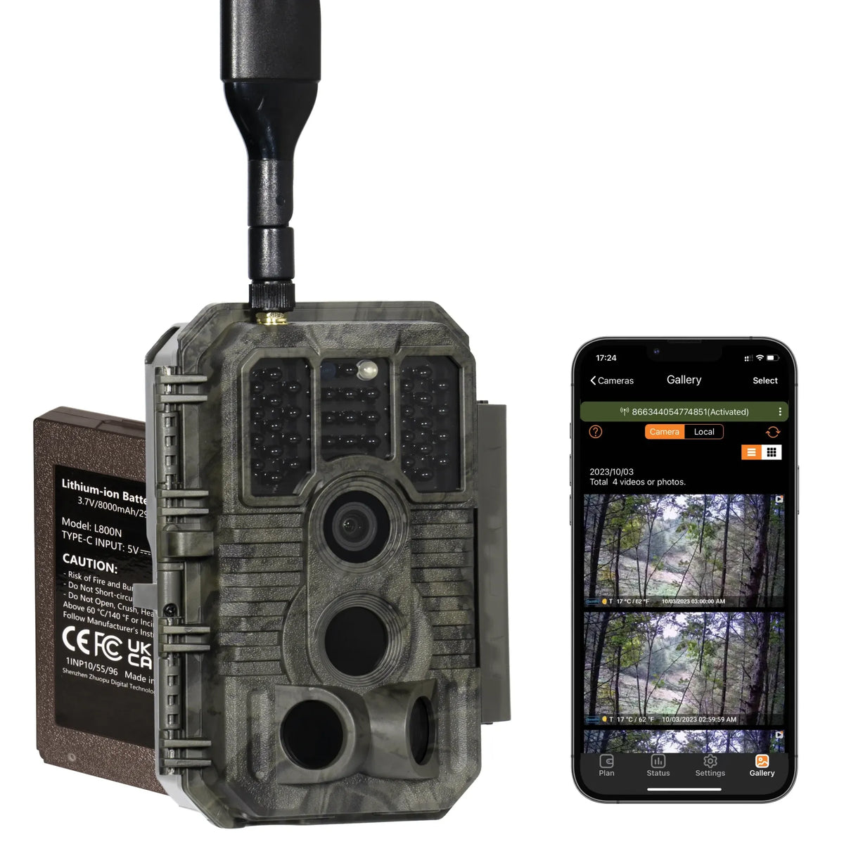 GardePro X60PMB cellular trail camera with rechargeable lithium battery pack and mobile gallery display.